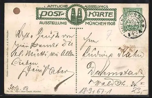 Künstler-AK sign. Fritz Klee: München, Ausstellung 1908, Kindl auf einem Fisch, Ganzsache Bayern