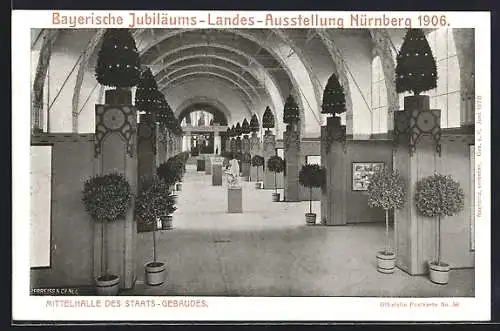 AK Nürnberg, Bayerische Jubiläums-Landes-Ausstellung 1906, Mittelhalle des Staats-Gebäudes, Ganzsache Bayern