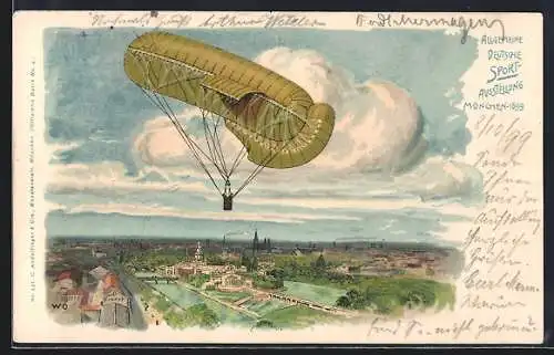 Lithographie München, Deutsche Sportausstellung 1899, Luftschiff über der Stadt, Ganzsache Bayern