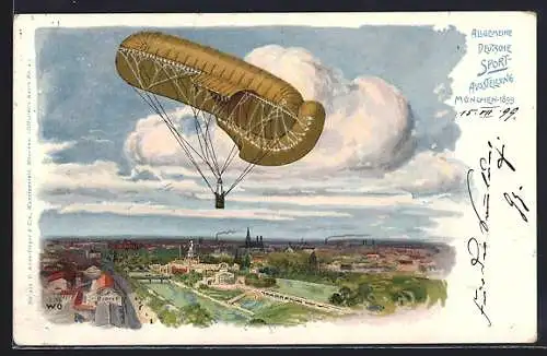 Lithographie München, Deutsche Sportausstellung 1899, Luftschiff über der Stadt, Ganzsache Bayern