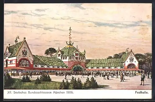 AK München, XV. Deutsches Bundesschiessen 1906, Festhalle, Ganzsache Bayern