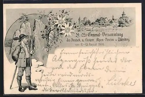 AK Nürnberg, 29. General-Versammlung des D. u. Ö. Alpen-Vereins 1898, Bergsteiger und Stadt, Ganzsache Bayern