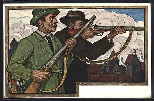 Künstler-AK Matthäus Schiestl: München, XV. Deutsches Bundesschiessen 1906, Bewaffnete Schützen, Ganzsache Bayern