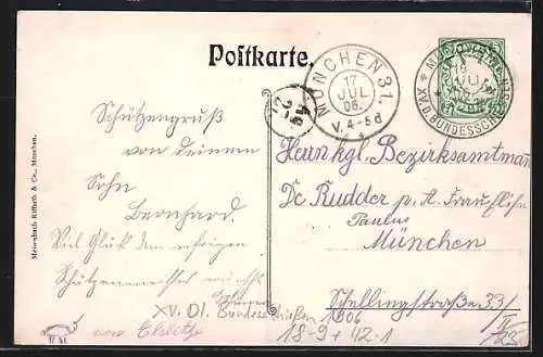 Künstler-AK Matthäus Schiestl: München, XV. Deutsches Bundesschiessen 1906, Bewaffnete Schützen, Ganzsache Bayern