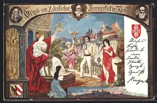 Künstler-AK Nürnberg, X. deutsches Turnerfest 1903, Germania und Nymphen, Ganzsache Bayern