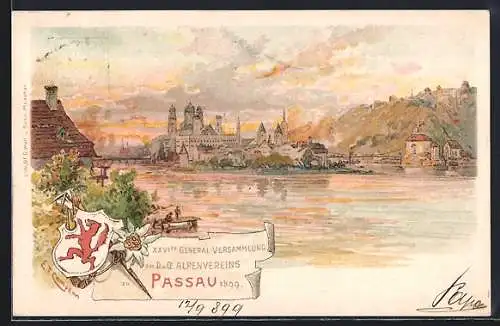 AK Passau, 26. General-Versammlung des Alpenvereins 1899, Panorama, Ganzsache Bayern