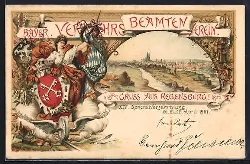 AK Regensburg, Generalversammlg. Bayr. Verkehrsbeamten-Verein 1901, Stadtpanorama, Wappen, Ganzsache Bayern