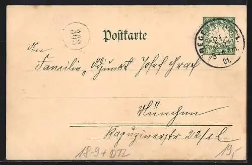 AK Regensburg, Generalversammlg. Bayr. Verkehrsbeamten-Verein 1901, Stadtpanorama, Wappen, Ganzsache Bayern