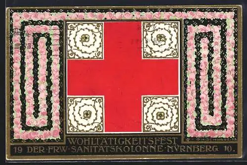 AK Nürnberg, Wohltätigkeitsfest der FRW Sanitätskolonie 1910, Rotes Kreuz, Ganzsache Bayern