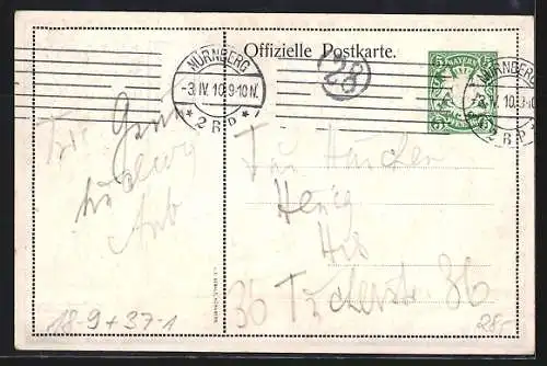 AK Nürnberg, Wohltätigkeitsfest der FRW Sanitätskolonie 1910, Rotes Kreuz, Ganzsache Bayern