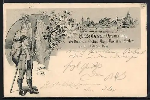 AK Nürnberg, 29. General-Versammlung des D. u. Ö. Alpenvereins 1898, Bergsteiger und Stadt, Ganzsache Bayern