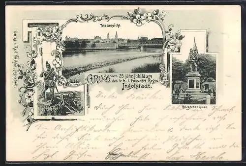 AK Ingolstadt, Kriegerdenkmal, Soldat des k. b. I. Fuss.-Art. Regts., Ganzsache Bayern