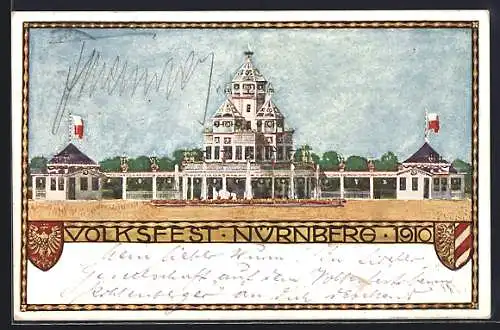 Künstler-AK Nürnberg, Volksfest 1910, Blick auf die Festhalle, Ganzsache Bayern