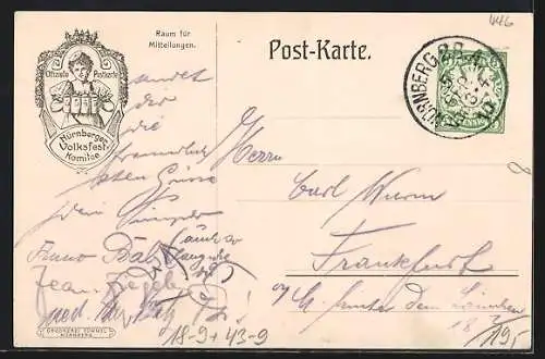 Künstler-AK Nürnberg, Volksfest 1910, Blick auf die Festhalle, Ganzsache Bayern