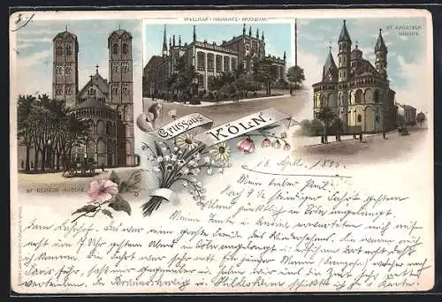 Vorläufer-Lithographie Köln, 1895, St. Gereon-Kirche, St. Aposteln Kirche und Wallraf-RIchartz-Museum