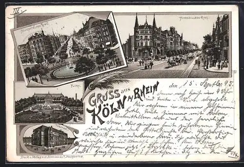 Vorläufer-Lithographie Köln-Neustadt, 1895, Theater, Hohenzollernring und Hohenstaufenring