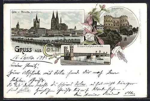Vorläufer-Lithographie Köln, 1895, Panorama v. Deutz gesehen, Hahnentor & Eisenbahnbrücke