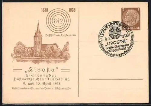 AK Berlin-Lichtenrade, Postwertzeichen-Ausstellung Liposta 1938, Blick zur Kirche, Ganzsache