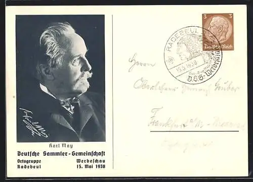 AK Radebeul, Werbeschau der deutschen Sammler-Gemeinschaft 1938, Karl May, Ganzsache