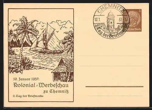 Künstler-AK Chemnitz, Kolonial-Werbeschau 1937, Segelboot, Ganzsache