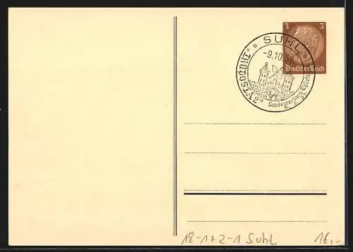 Künstler-AK Suhl, Thüringische Postwertzeichen-Ausstellung 1938, Ganzsache