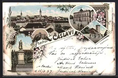Lithographie Tschaslau / Caslav, Zizkuv pomnik, Museum, Basta Otakarova