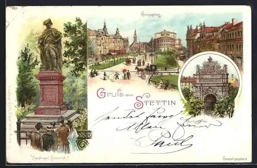 Lithographie Stettin, Königsplatz, Denkmal Friedrich II., Berliner Tor, Strassenbahn, Pferdekutsche