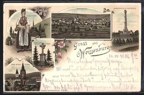 Lithographie Weissenburg, Armee-Denkmal, Peter & Paul-Kirche, Seebacherin in Tracht, Totalansicht