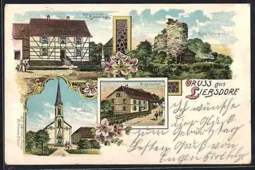 Lithographie Liebsdorf, Geschäft Bloechinger, Kirche, Postagentur und Ruine Liebenstein