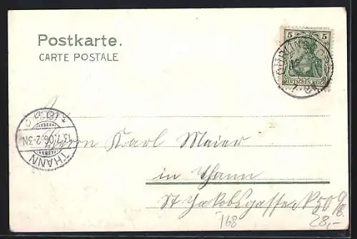 Lithographie Liebsdorf, Geschäft Bloechinger, Kirche, Postagentur und Ruine Liebenstein