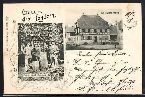 AK Pfefferhausen, Gasthaus Heinis, Dreiländerstein an der Grenze Deutschland-Schweiz-Frankreich