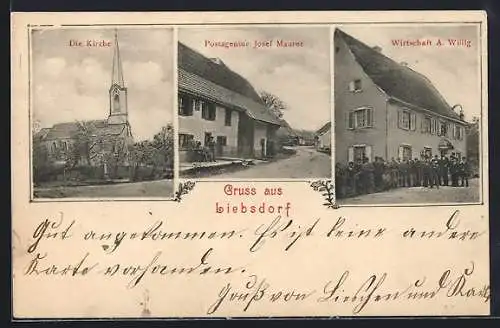 AK Liebsdorf, Gasthaus A. Willig, Postagentur Josef Maurer und die Kirche