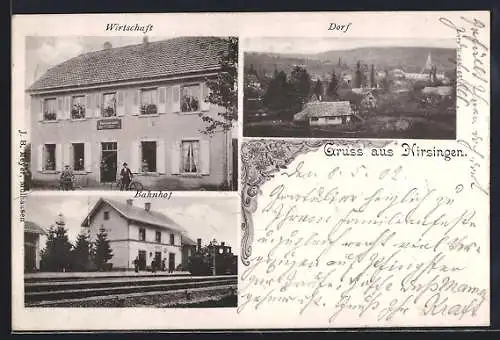 AK Hirsingen, Gasthaus, Bahnhof und Totalansicht
