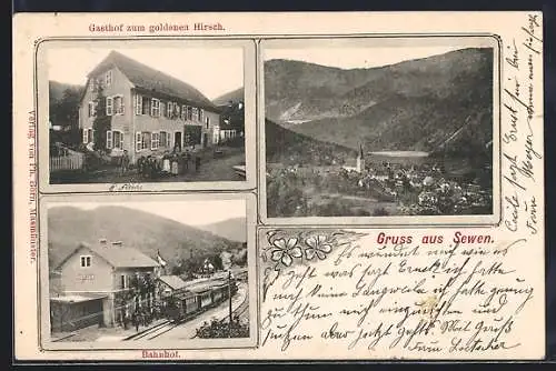 AK Sewen, Gasthof zum goldenen Hirsch, Bahnhof und Totalansicht