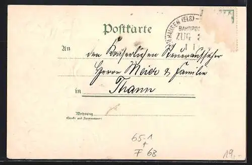 Präge-AK Altmünsterol, Bahnhof im Passepartout mit Wappen und Kleeblättern