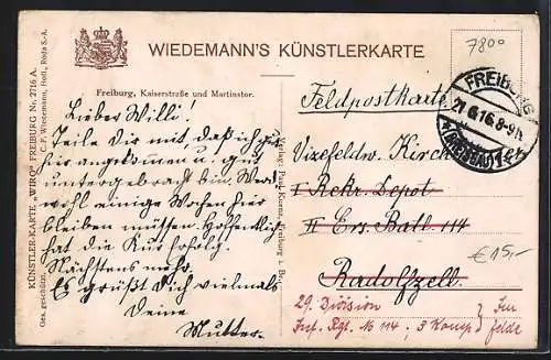 Künstler-AK Freiburg / Breisgau, Kaiserstrasse und Martinstor