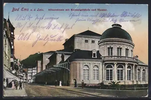 AK Bad Ems, Römerstrasse mit Kursaalgebäude und Theater mit Leuten
