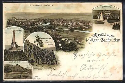 Lithographie Saarbrücken-St. Johann, Totalansicht, Ehrenthal, Spichernberg