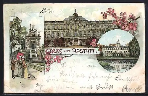 Lithographie Rastatt, Schloss und zwei weitere Motive