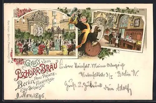 Lithographie Berlin, Gasthaus Pschorr-Bräu, Friedrichstrasse Ecke Behrenstrasse, Innenansicht, Garten