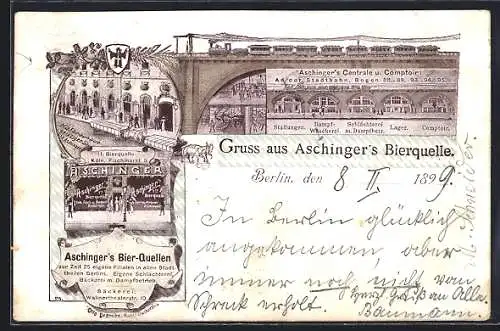 Künstler-AK Berlin, Restaurant Aschingers Bierquelle, Leipziger Strasse, Centrale und Comptoir an der Stadtbahn