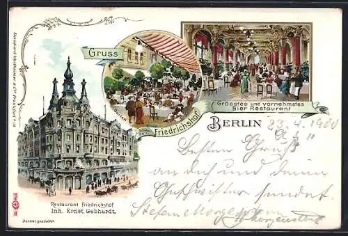 Lithographie Berlin, Restaurant Friedrichshof an der Friedrichstrasse, Garten und Speisesaal