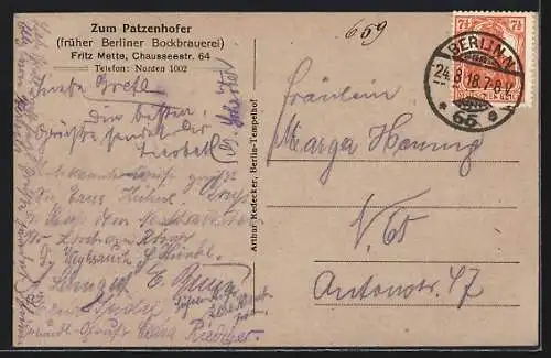 AK Berlin, Restaurant zum Patzenhofer, Inh. Fritz Mette, Chausseestrasse 64