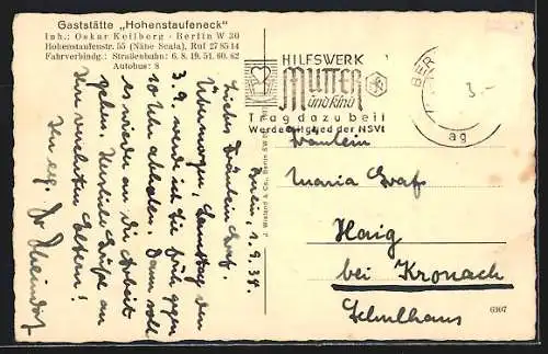 AK Berlin-Schöneberg, Inneres der Gaststätte Hohenstaufeneck in der Hohenstaufenstrasse 55