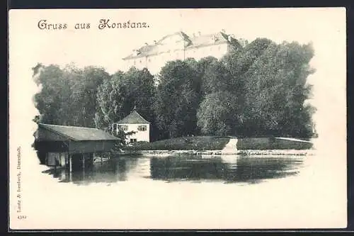 AK Konstanz, Bootshaus und Häuser am Ufer