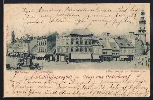 AK Oedenburg, Stadtturm und Grabenrunde mit Geschäften