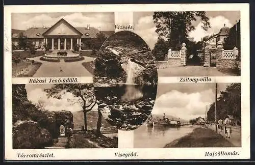 AK Visegrád, Várromrészlet, Hajóállomás, Zsitvay-villa, Rákosi Jenö-üdülö