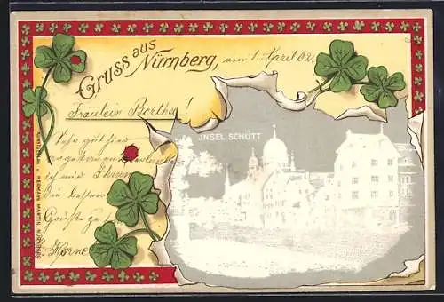 Präge-AK Nürnberg, Insel Schütt mit Synagoge, Glücksklee und Marienkäfer