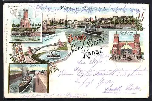 Lithographie Holtenau, Kanalmündung mit Schiffen, Leuchtturm, Schleuse mit Schiff, Facade der Hochbrücke