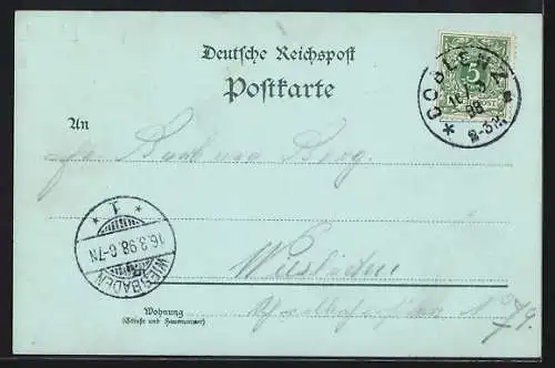 Lithographie Coblenz, Goeben-Denkmal, Kaiserl. Postamt, Totale mit Eisenbahnbrücke